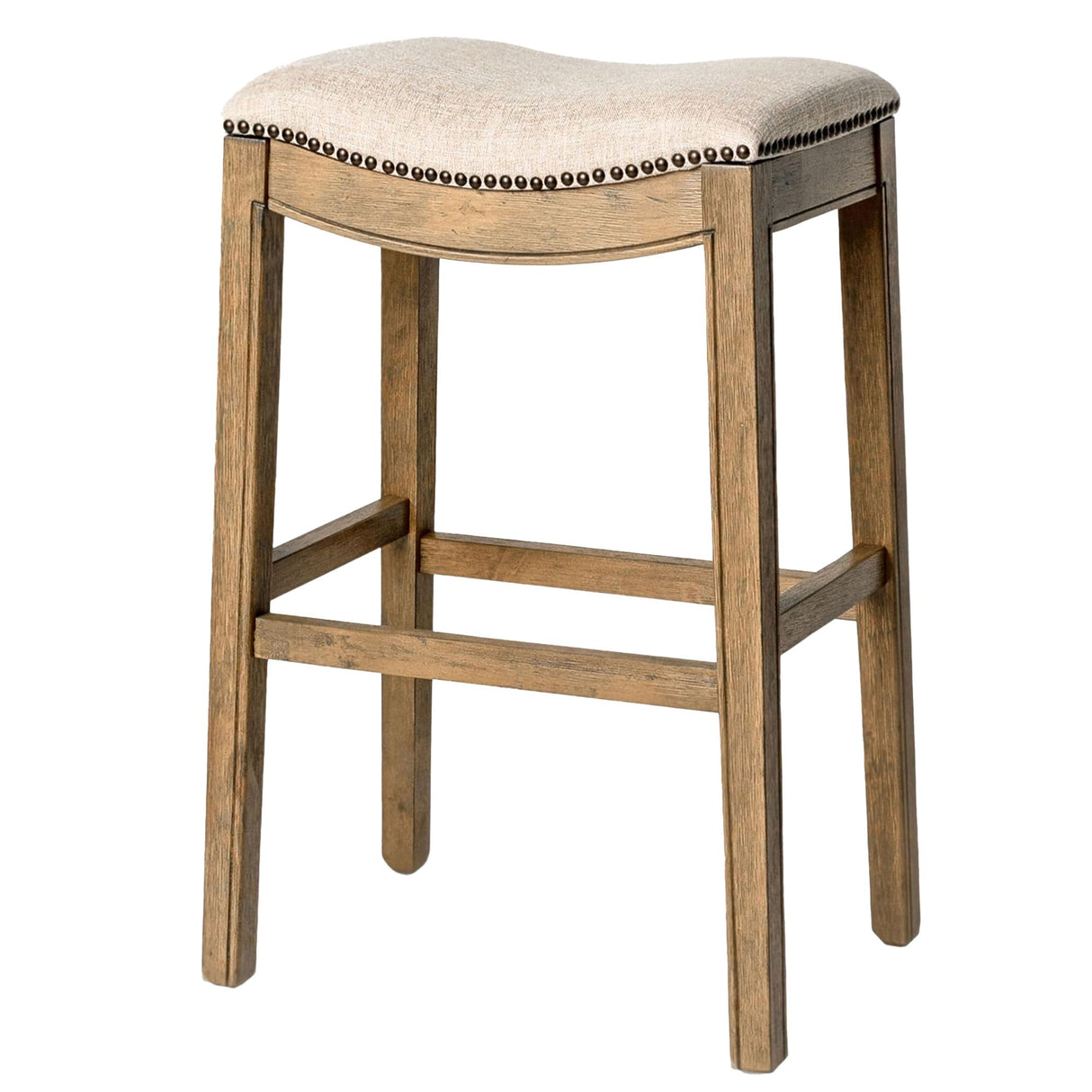 Maven Lane Adrien Backless Bar Stool – 31 Inch Saddle Seat with Footrest – Natural Solid Wood Frame & Natural Fabric Upholstery – Ideal for Bars, Pub Tables & Tall Kitchen Counters Maven Lane