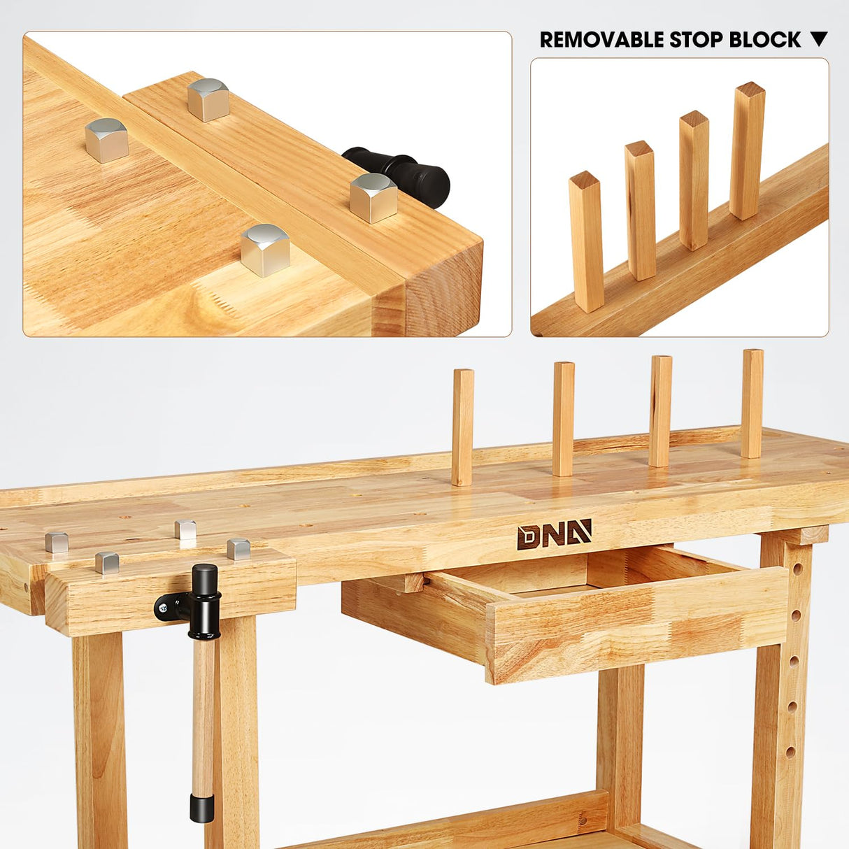 DNA MOTORING Heavy Duty Wood Workbench, Wooden Workbench with Drawer for Workshop, Garage, W/Adjustable Handle, TOOLS-00522 DNA MOTORING