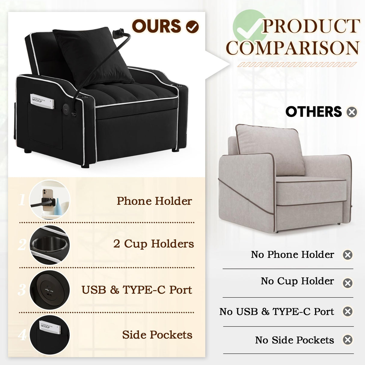 SLEERWAY 3-in-1 Convertible Futon Sofa Bed Chair, Multi-Functional Sleeper Chair Bed with Pull Out Couch and Adjustable Backrest, Modern Velvet Chaise Lounge Armchair for Living Room Bedroom, Black SLEERWAY