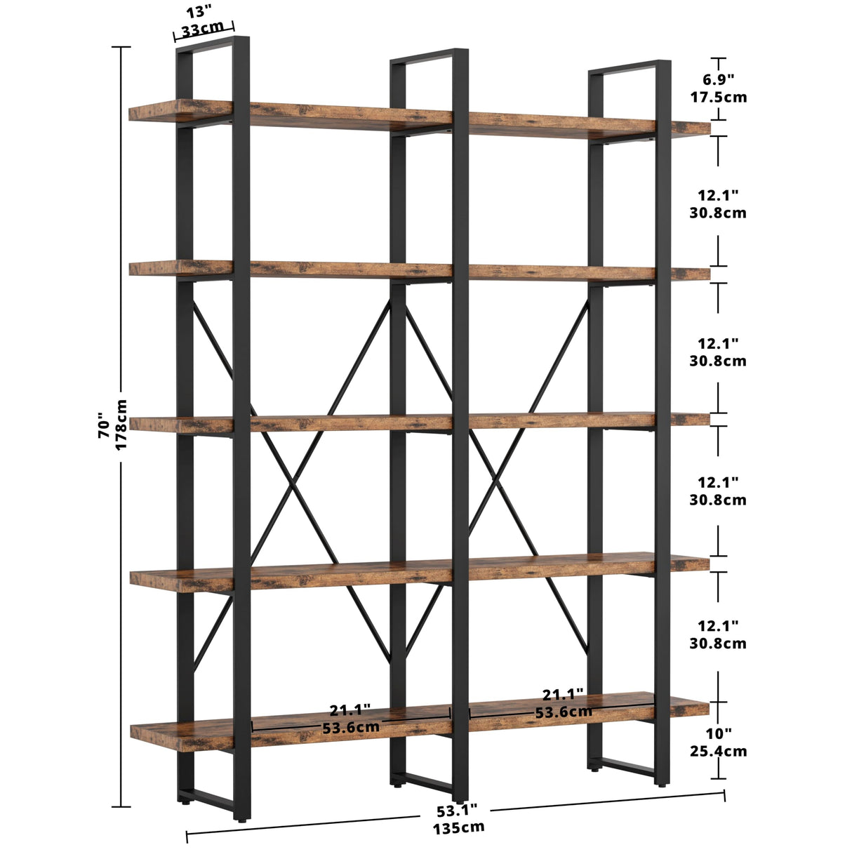 Ironck Double Wide Industrial 5-Tier Bookshelf with Open Shelves in Vintage Brown IRONCK