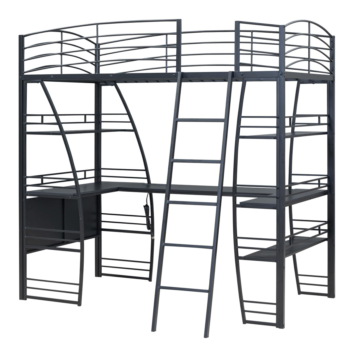 Bellemave Twin Size Loft Bed, Loft Bed with Desk and Bookcase with Metal Frame, Loft Bed with Desk and Storage, Black Bellemave