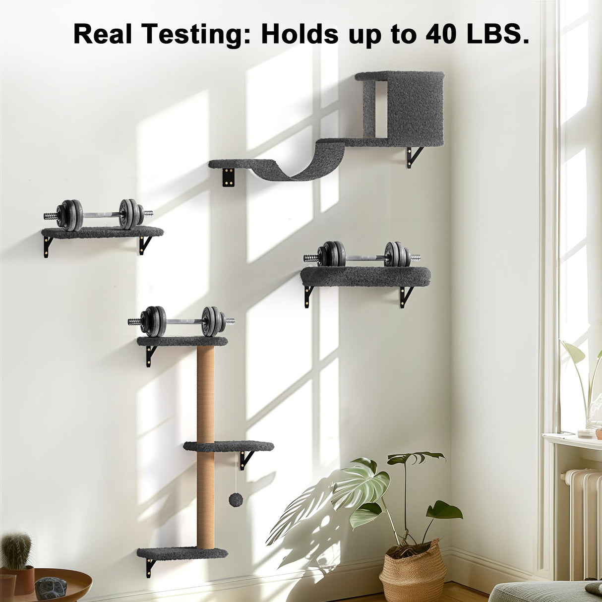 FUKUMARU Cat Wall Shelves, Stable & Safe 4 in 1 Cat Furniture Set, Wooden Climbing Wall with Scratching Post for 16 Inch Drywall - Gray FUKUMARU