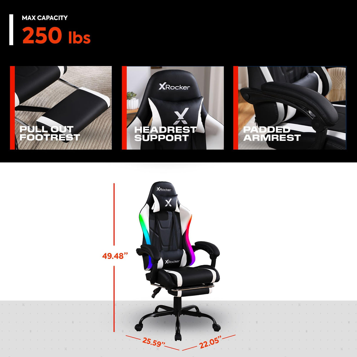 X Rocker Achiever PC Video Gaming Chair, RGB LED Lighting, Adjustable Ergonomic Office Desk Chair for Computer Gamers with Wheels, Black & White X Rocker