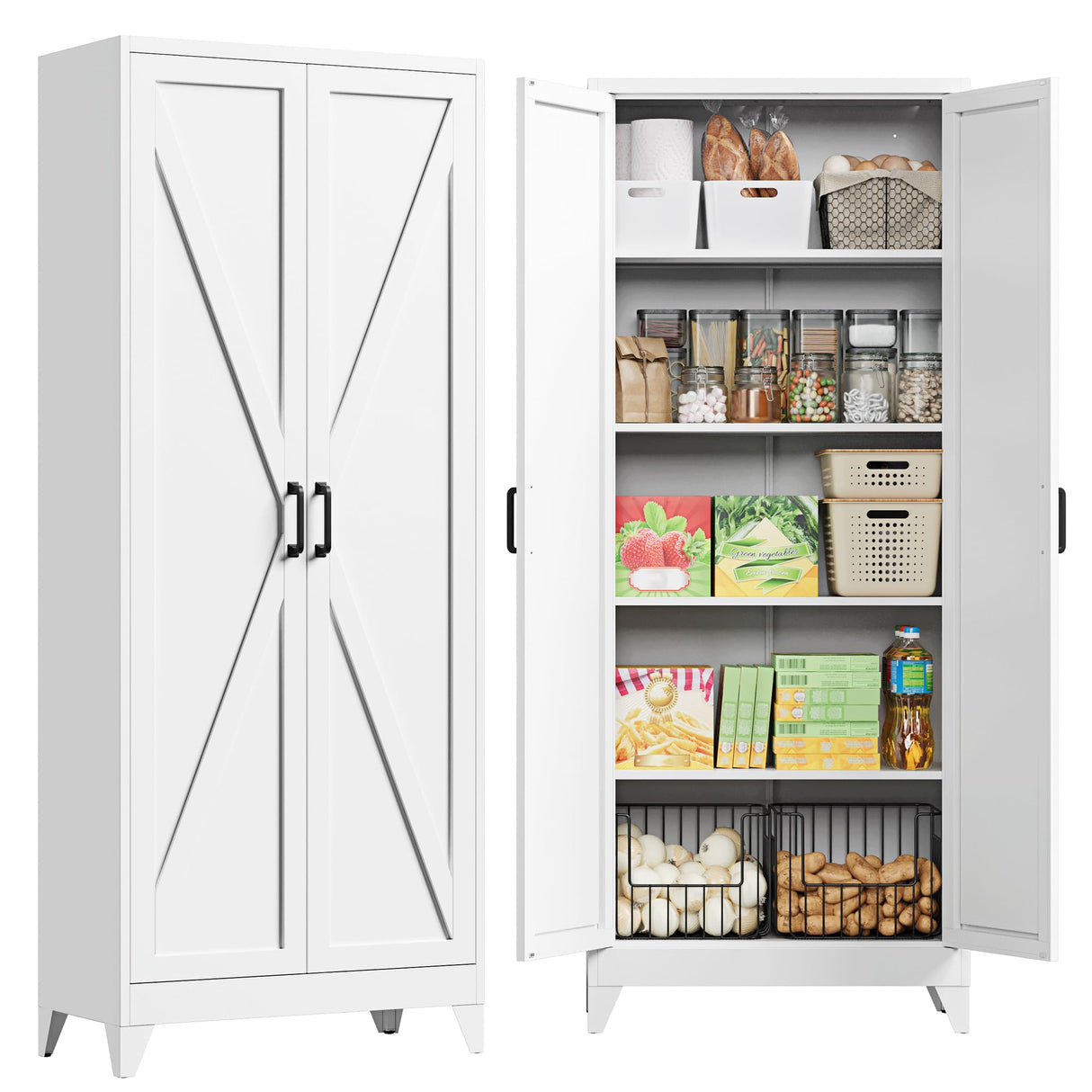 PEUKC 75" Farmhouse Metal Storage Cabinet with Doors and 4 Adjustable Shelves, Large Pantry Organizer for Kitchen, Dining Room, and Living Room,Assemble Require(White) PEUKC
