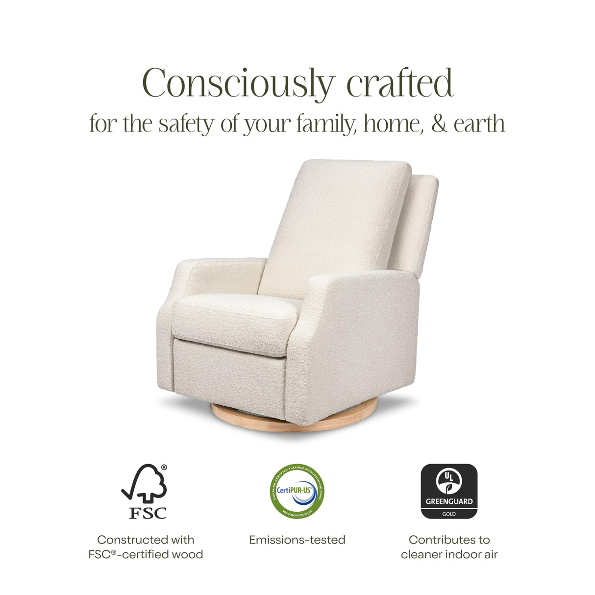 NAMESAKE Crewe Electronic Recliner and Swivel Glider in Ivory Boucle with Light Wood Base, Greenguard Gold & CertiPUR-US Certified NAMESAKE