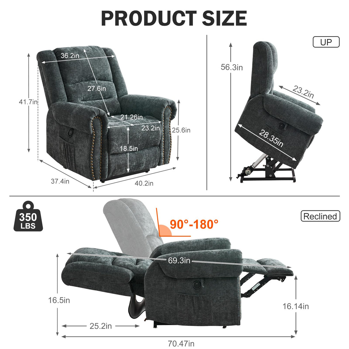 HUSFU Power Lift Recliner Chair for Elderly, Dual Motor Lift Chair with Heat and Massage,Lay Flat Lift Chair Infinite Position Sleeping Chair w/USB Ports and Remote Control,Chenille,Grey Blue HUSFU