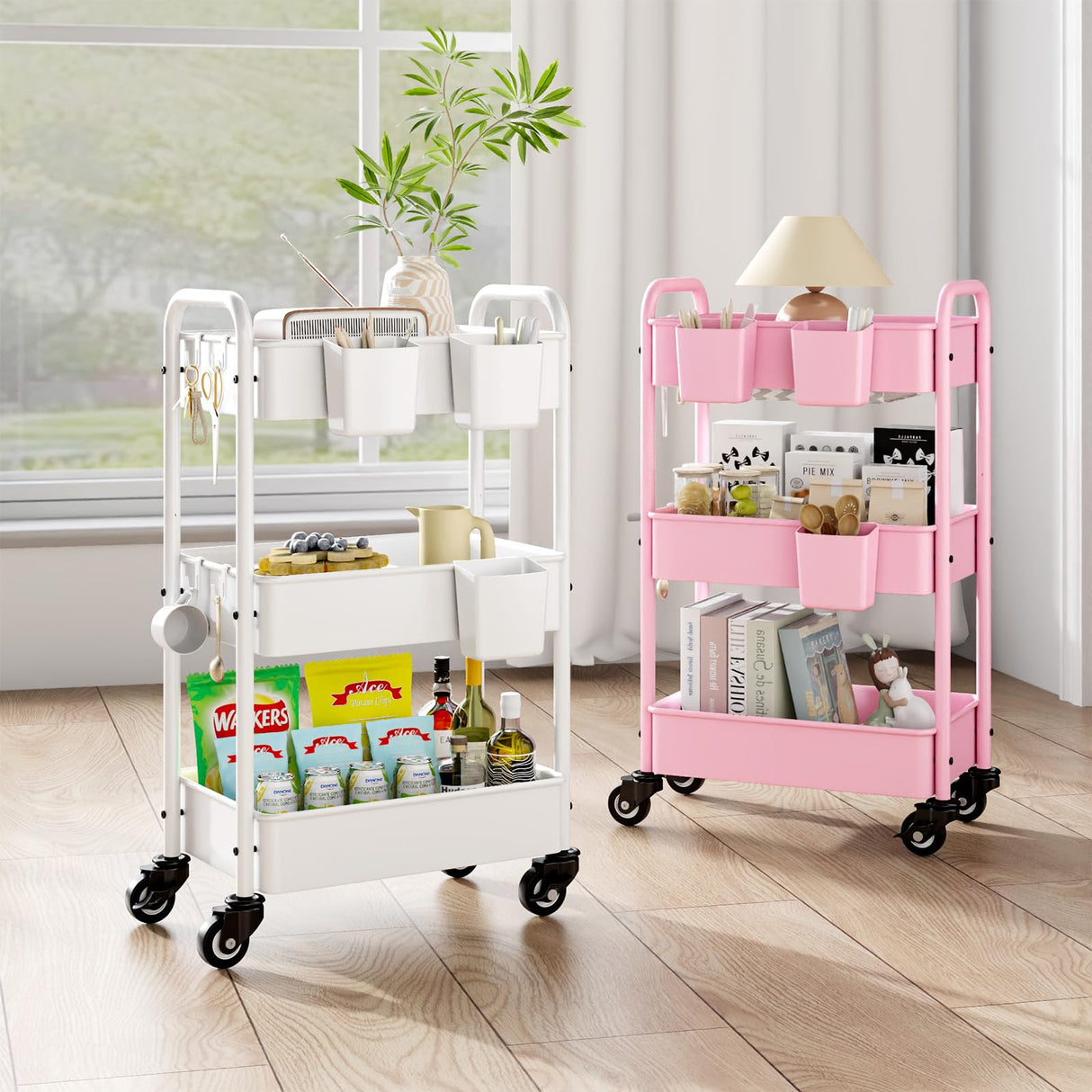 YASONIC Metal 3 Tier Rolling Cart - Heavy Duty Utility Cart with Lockable Wheels, Hanging Cups, Hooks, Mesh Rolling Storage Cart Craft Cart Organizer, Lightweight and Sturdy, White YASONIC