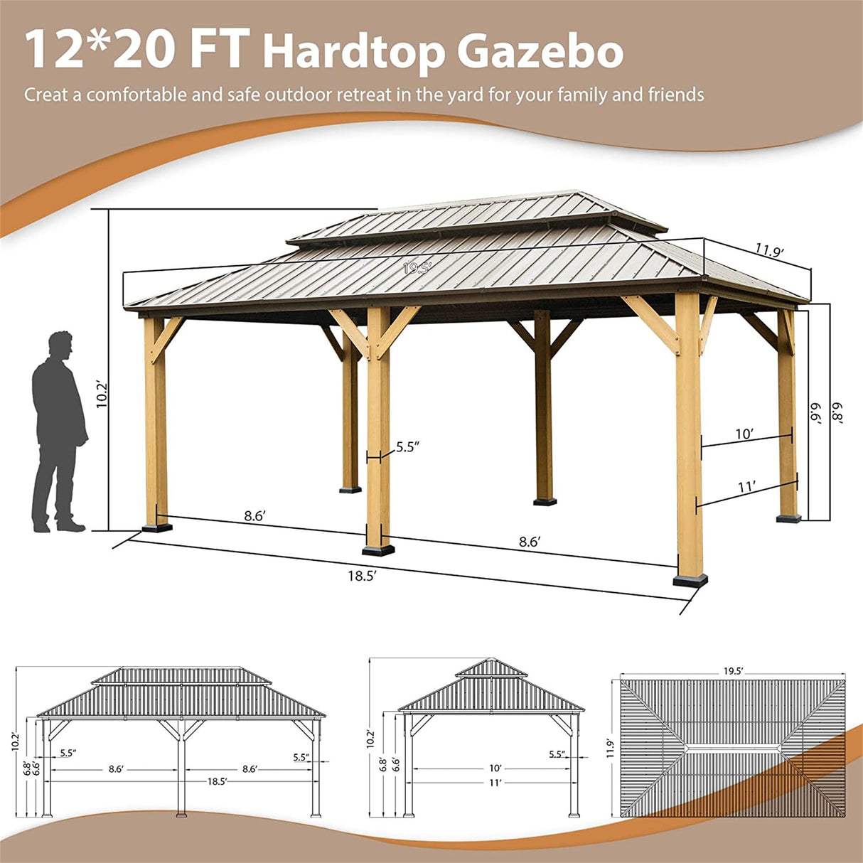 12'x20' Hardtop Gazebo, Outdoor Cedar Wood Frame Canopy with Galvanized Steel Double Roof, Outdoor Permanent Metal Pavilion with Curtains and Netting EDWINENE