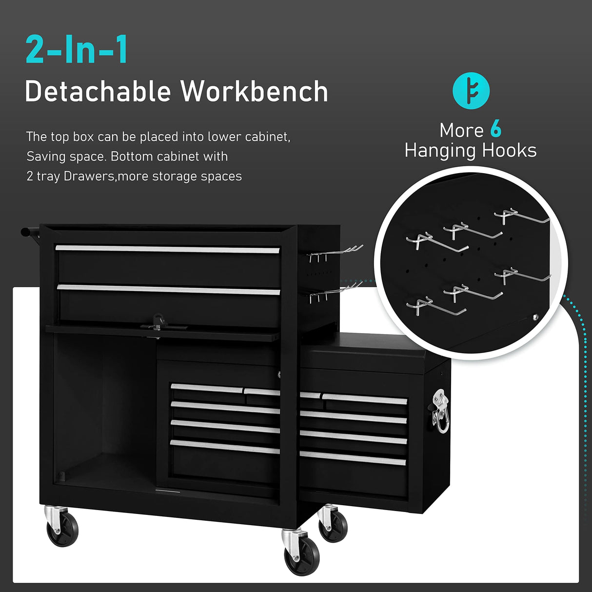 Greenvelly Metal Tool Chest,8-Drawer Rolling Tool Chest with Wheels,Tool Cabinet with Wheels,2 in 1 Detachable Tool Cabinet,Liners and Locking System for Warehouse, Garage,Workshop,(BLACK) Greenvelly