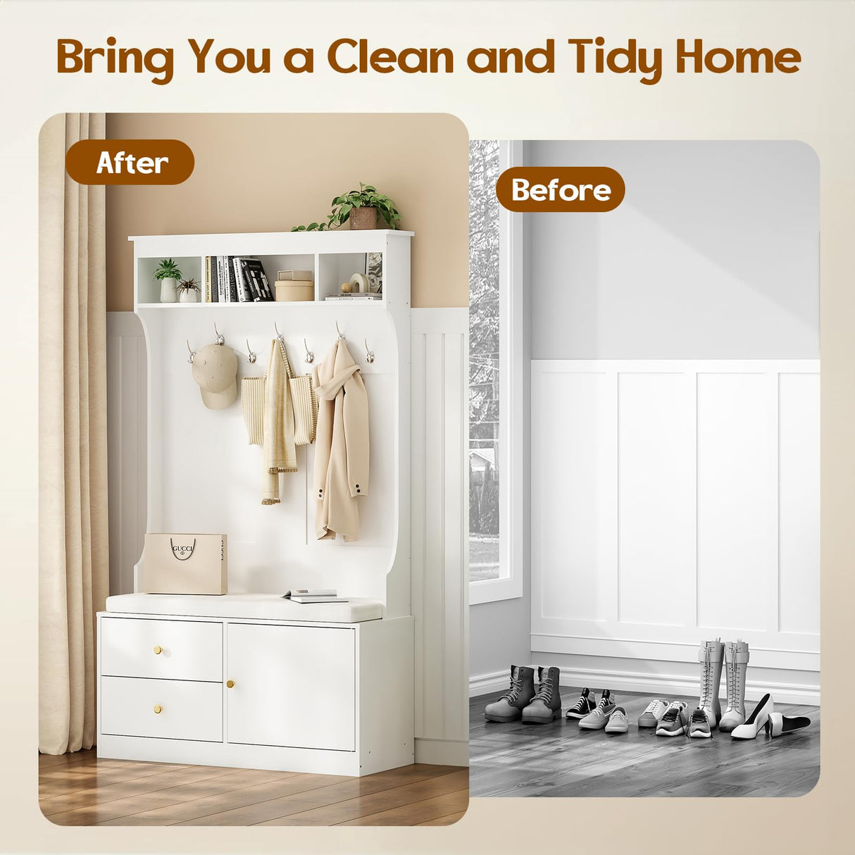 Soohow Hall Tree with Bench and Shoe Storage, Mud Room Bench with Storage and Seating, Hall Tree with Shoe Storage with 7 Hooks, 6-in-1 Farmhouse Hall Tree with Bench for Entryway, 70.9", White Soohow