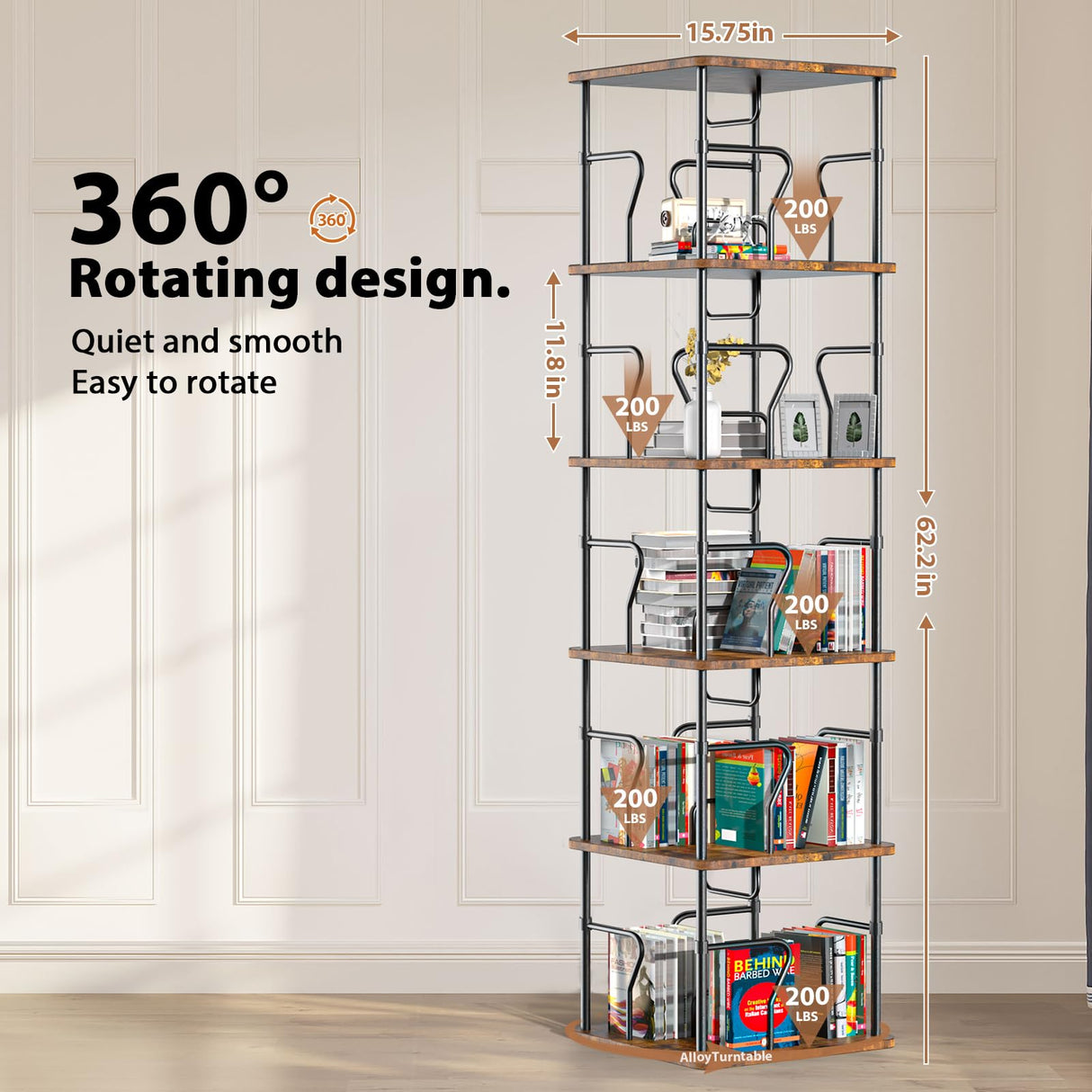 VYRIVA 5 Tier Square Rotating Bookshelf Tower, Spinning Bookshelf, 360° Display Round Bookcase, Floor Standing Corner Revolving Bookshelf Organizer Storage Rack for Home Study Office, Small Spaces VYRIVA