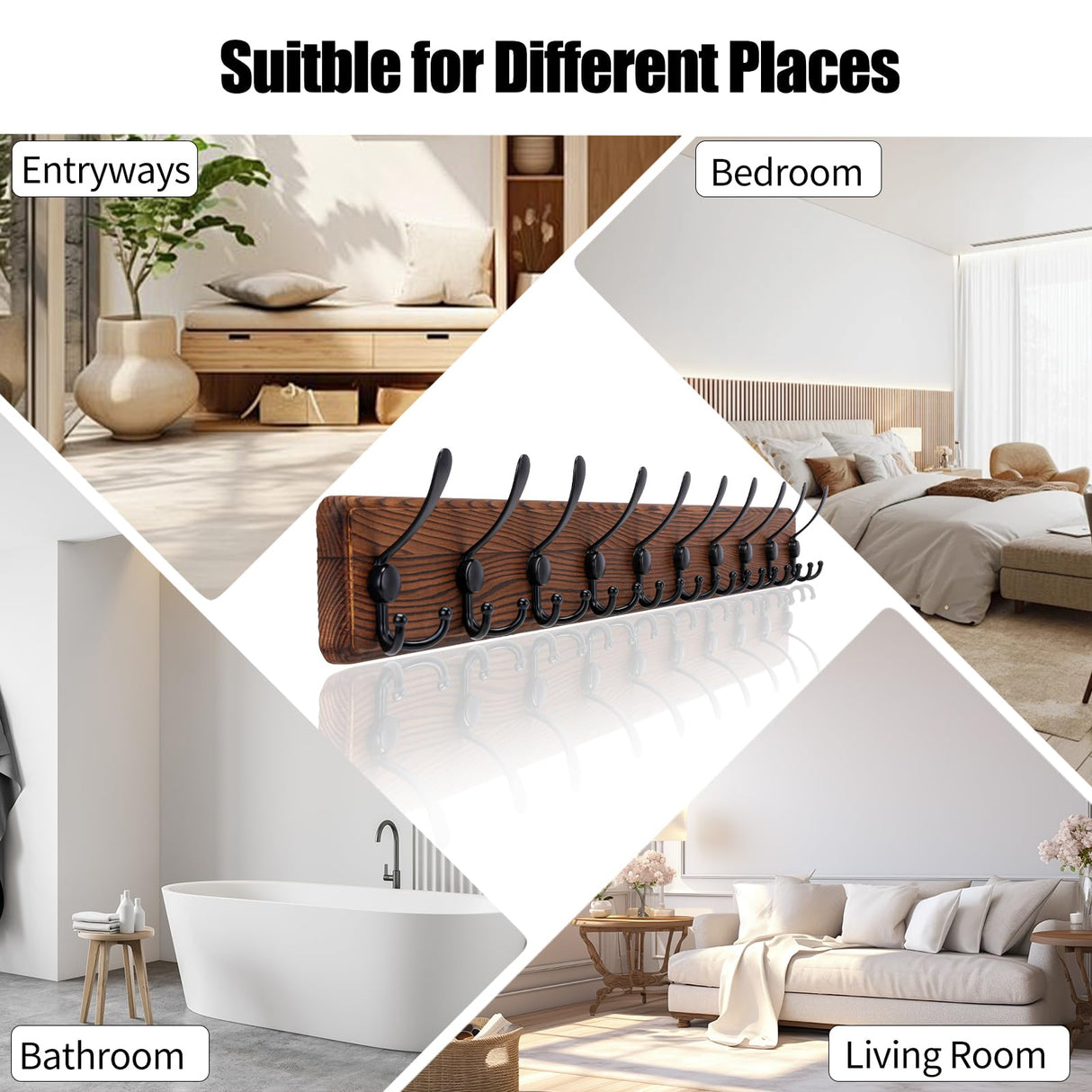 Gohiuo Rustic 38.6" Large Coat Rack Wall Mount, Long Wood Coat Hooks with 10 Triple Hooks, Heavy Duty Wooden Coat Hanger Wall Mount for Entryway, Farmhouse Hanging Jackets, Coats, Hats, Bags,Towel Gohiuo