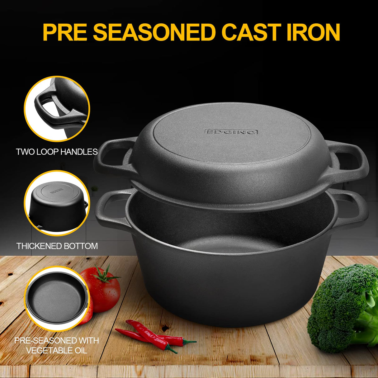 EDGING CASTING 2-in-1 Pre-Seasoned Cast Iron Dutch Oven Pot with Skillet Lid Cooking Pan, Cast Iron Skillet Cookware Pan Set with Dual Handles Indoor Outdoor for Bread, Frying, Baking, Camping, BBQ, 5QT EDGING CASTING