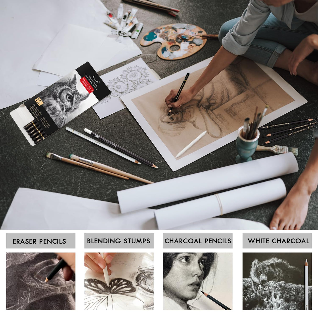 Brusarth Charcoal Drawing Set -12 pc Black charcoal pencils, White Charcoal Pencils, Eraser Pencils, Blending Stumps for Drawing, Sketching, Shading, Artist Pencils for Beginners & Artists Brusarth