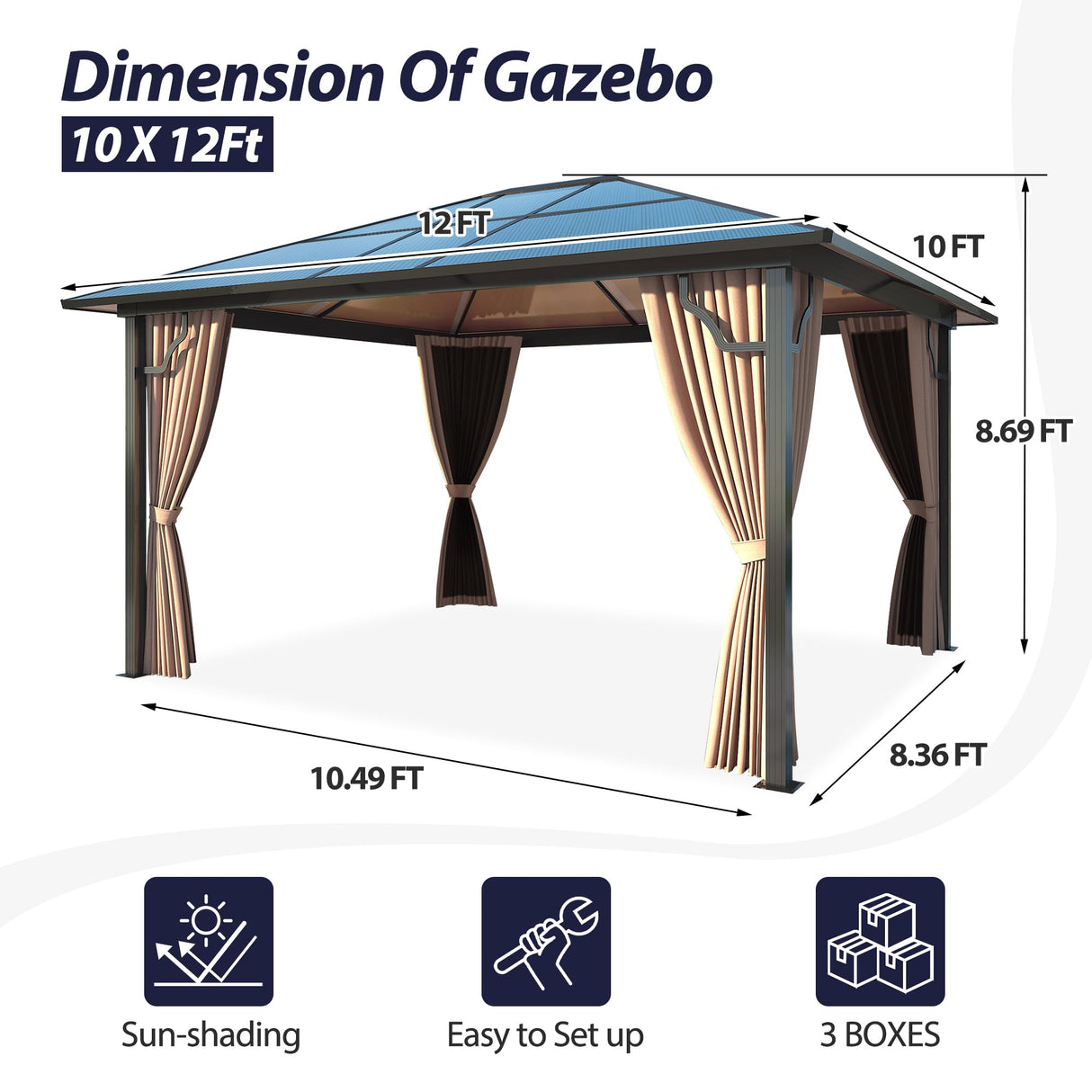 Raysfung 10'x12' Hardtop Gazebo, Outdoor Polycarbonate Roof Gazebo with Aluminum Frame Permanent Pavilion with Netting& Curtains for Garden, Patio,Yard Raysfung