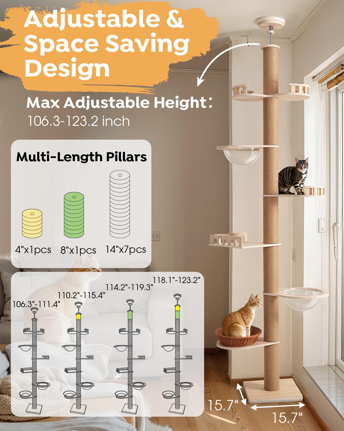 Veehoo Cat Tree Floor to Ceiling-Cat Tower Ajustable Height(106-123 Inches)-Tall Cat Tree with 4.3" Thickened Post, Large Cat Tree Tower for Indoor Cats Veehoo