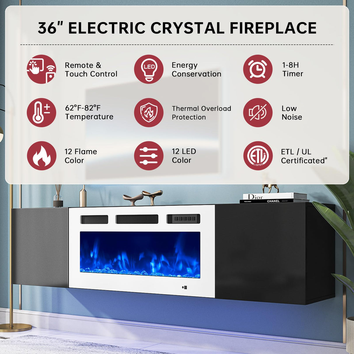 oneinmil Floating TV Stand with 36" Electric Fireplace, Wall Mounted Fireplace Entertainment Center with Storage, 70" TV Console with Fireplace, Floating TV Cabinet, Black+White oneinmil