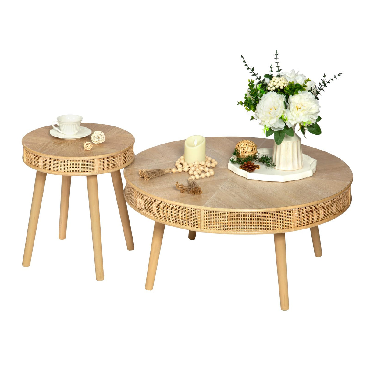 RUSTOWN 2-Piece Farmhouse Coffee Table, Modern Rustic Sofa Side Tea Tables, Solid Wood Finish with Crafted Rattan Side and End Table Sets for Living Room (Natural) RUSTOWN