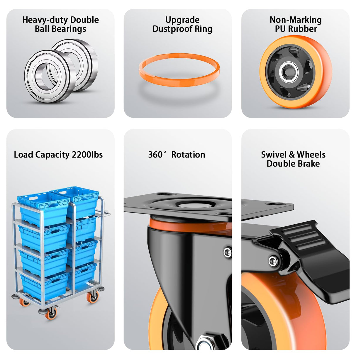 4 inch Casters Wheels, Heavy Duty Casters Set of 4 Load 2200lbs with Brake, Locking Swivel Plate Caster, Industrial Castor Wheels for Carts,Furniture and Workbench(Free Screws and Spanner) LUTUMEI