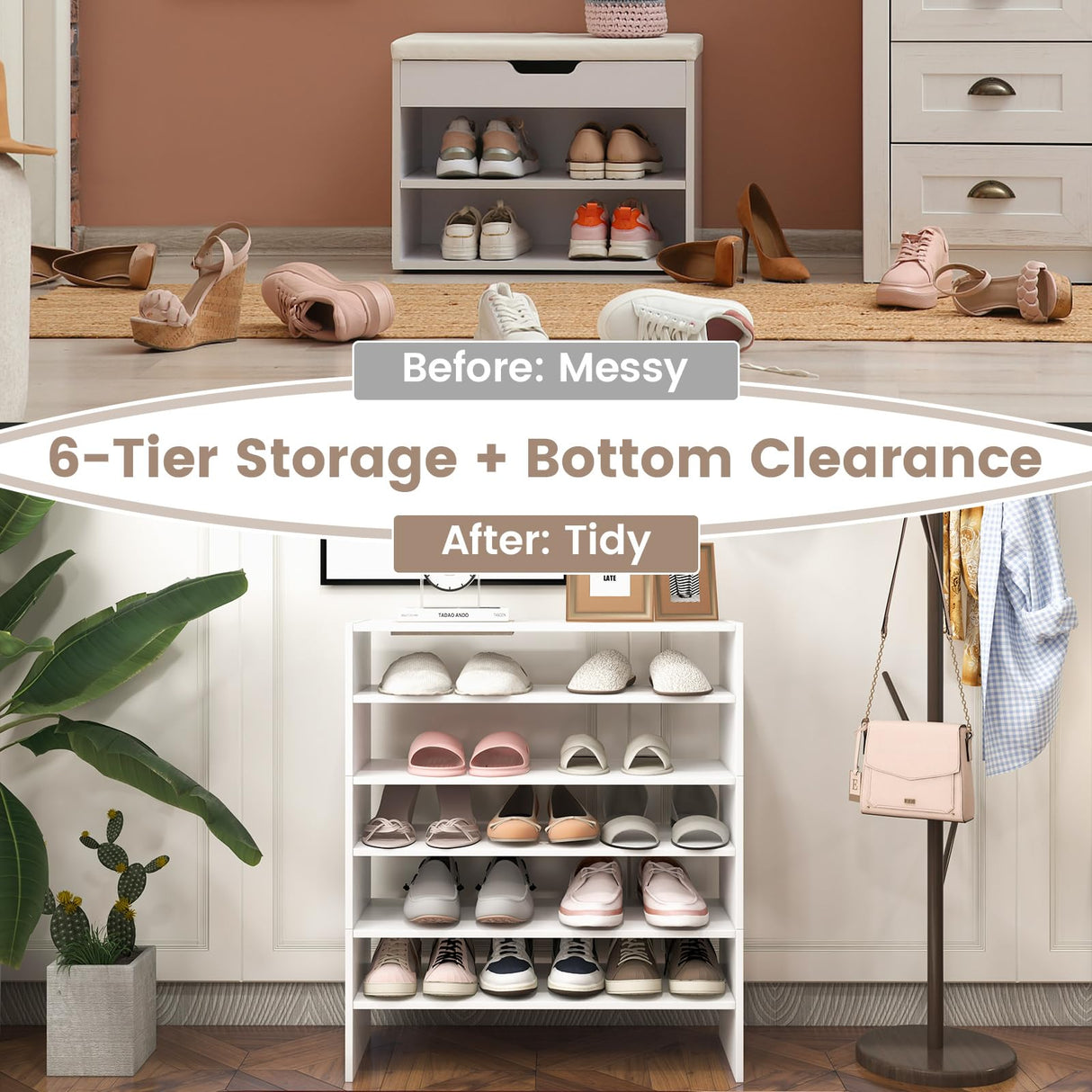 Giantex 3-in-1 Vertical Shoe Rack, 6-Tier Free Standing Shoe Storage Organizer w/Stackable Design for 18 Pairs, 31 Inch Wide Wood Shoe Shelf for Closet, Entryway, Living Room, Office, White Giantex