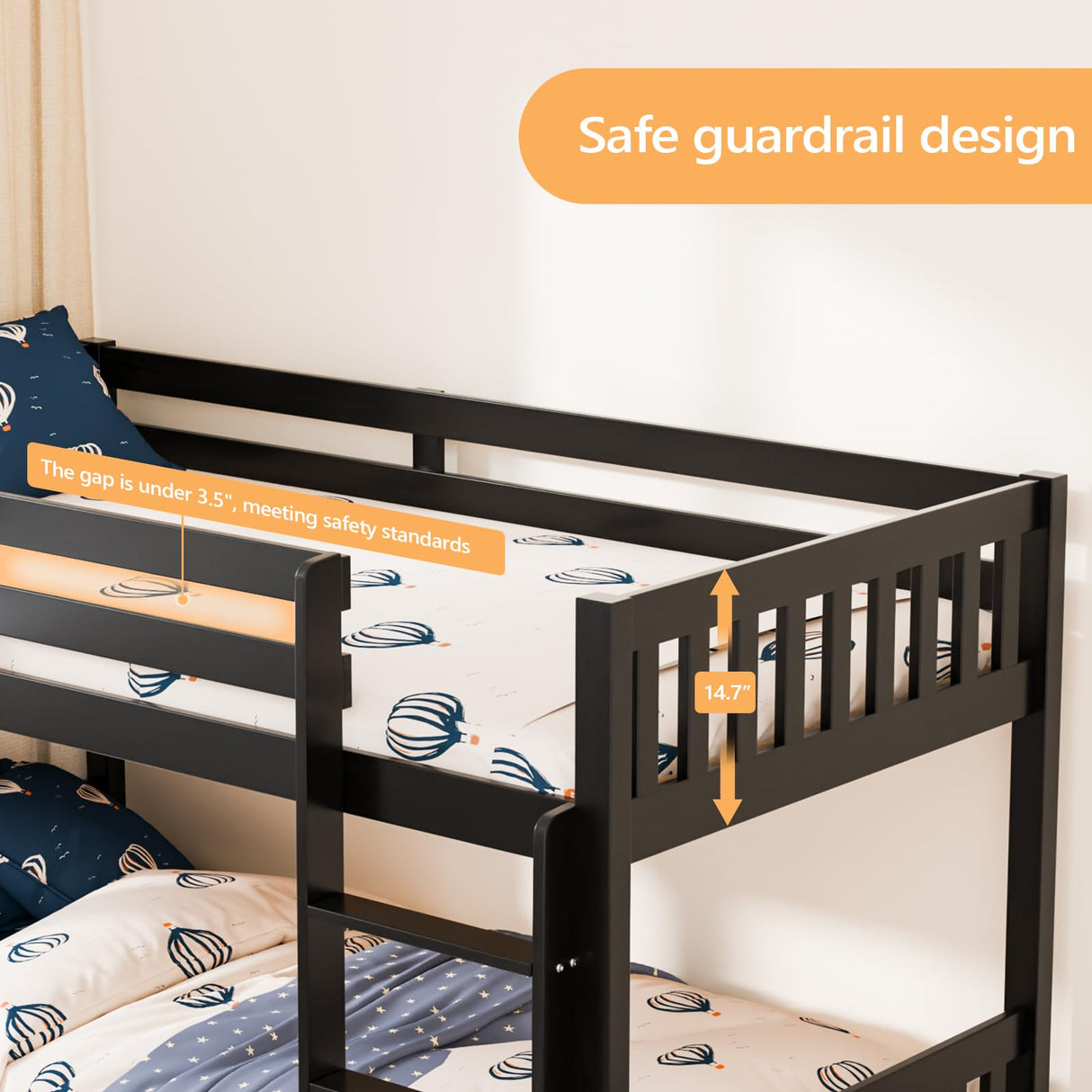 JOYMOR Solid Wood Low Twin Over Twin Bunk Bed for Kids/Junior, Bunk Bed Frame with Guardrails & Ladder for Boys Girls, No Box Spring Needed (Black) JOYMOR