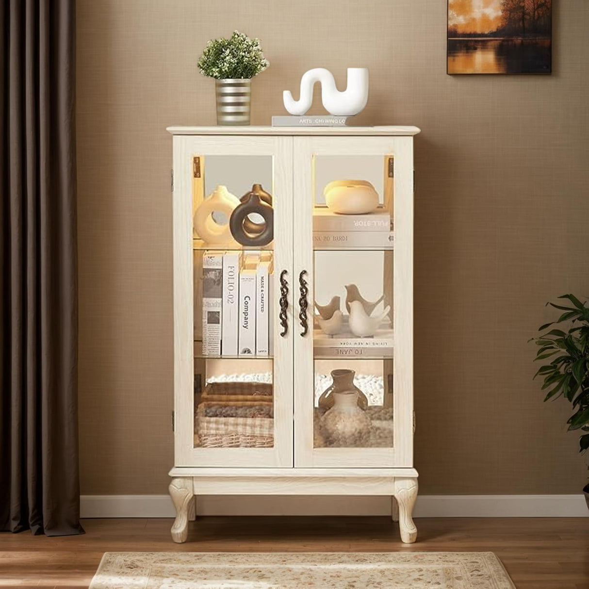 CKEASEAN Lighted Curio Cabinet, 44" H Glass Display Cabinet with 3-Tier Adjustable Glass Shelves, China Cabinet with Mirrored Back Panel for Living Room, Light Blub Included(White) CKEASEAN