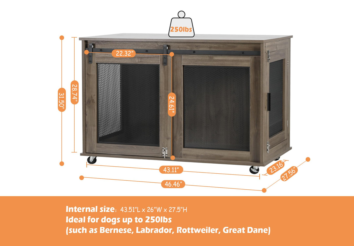 LINLUX 47 Inch XL Dog Crate Furniture, Wooden Heavy Duty Dog Kennel Indoor, Decorative Dog Cage Table for Extra Large Dogs, with Sliding Doors, Wheels and Flip-top Plate LINLUX