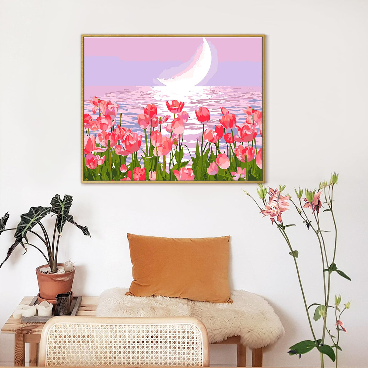 SANYUN Paint by Numbers Kit for Adults Beginners,Pink Tulips Painting by Numbers,Flowers & Moon Easy Acrylic on Canvas, Suitable for Home Wall Decor and Gifts 20x16inch SANYUN