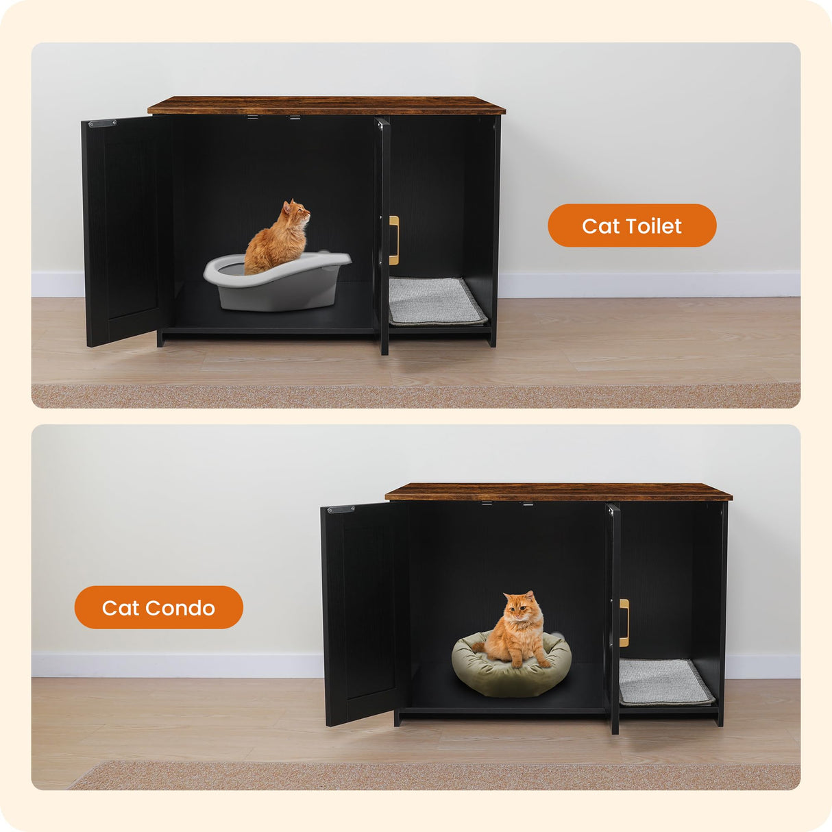 Dwanton Litter Box Enclosure, Cat Litter Box Furniture Hidden, with Scratching Mat, Wooden Cat Washroom Indoor, 31.5" L x 19.7" W x 21.7" H, Black and Rustic Brown Dwanton