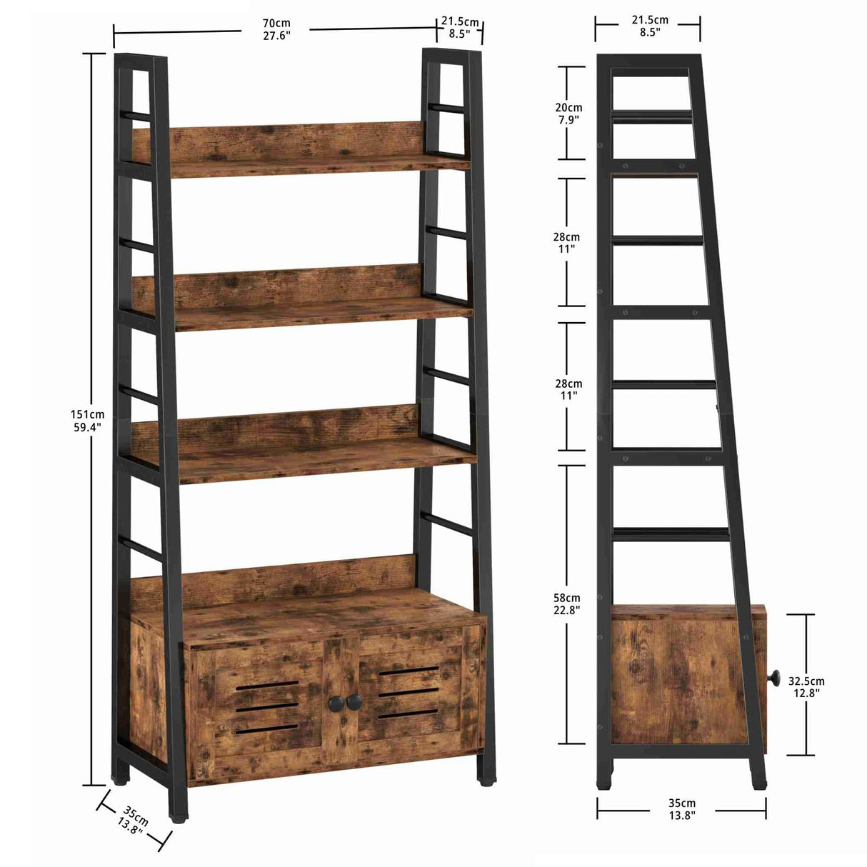 IRONCK Bookshelf with Louvered Doors, 3-Tier Ladder Shelf with Cabinet Industrial Accent Furniture for Bedroom Living Room Home Office, Rustic Brown IRONCK