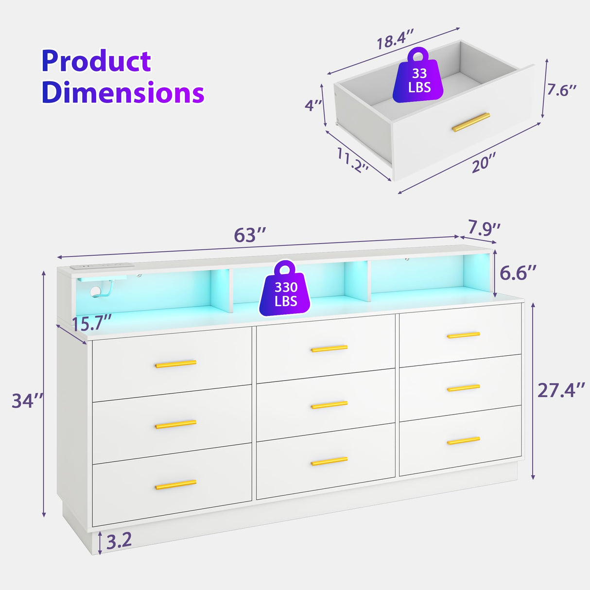 UNIQUITE White 9 Drawer Dressers for Bedroom, Modern Large Dresser with LED Light and Power Outlet, Wooden Long Dresser for Bedroom, Entryway, Living Room UNIQUITE