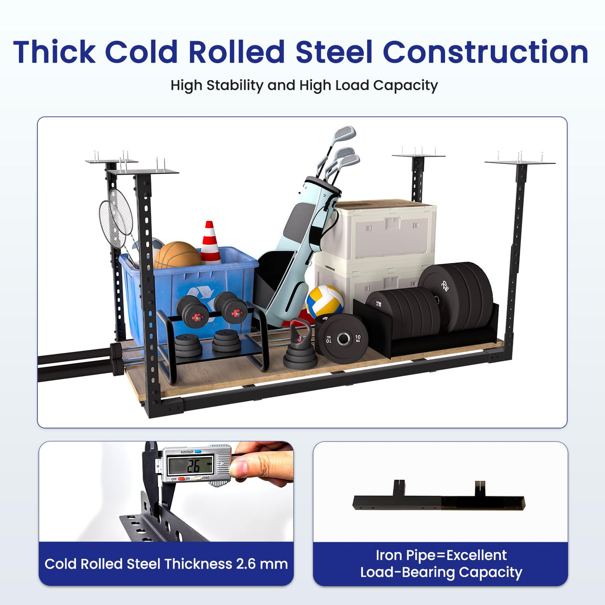 VWZ 2×4' Overhead Garage Storage Rack, Adjustable Garage Ceiling Storage Racks, Heavy Duty Garage Shelving, Garage Hanging Storage Racks with A Load Capacity of up to 1100 Lbs, Black. (Bottomless) VWZ