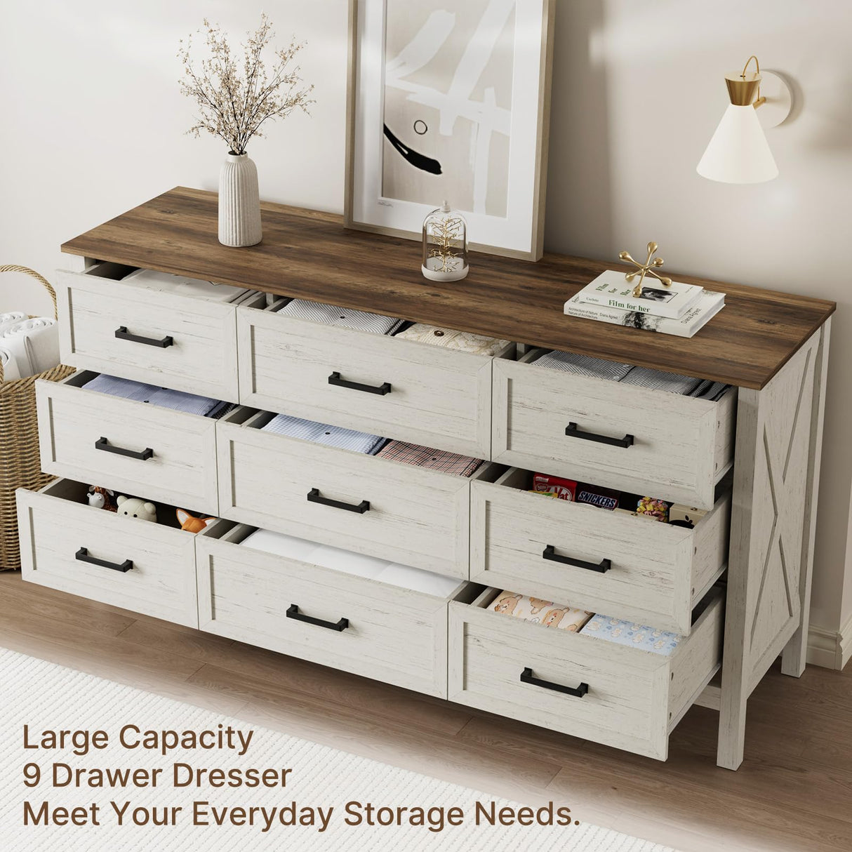 LYNSOM Farmhouse 9 Drawers Dresser for Bedroom, 55" Wide Wood Rustic Chest of Drawers with Natural Texture, Metal Handle, Storage Dressers Organizer for Entryway, Hallway, Antique White