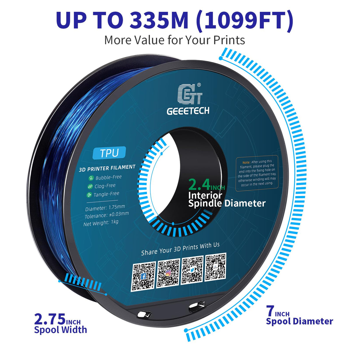 Geeetech TPU Filament 1.75mm, Shore 95A Flexible 3D Printer Filament with High Elasticity, 1KG (2.2lbs) Spool, Dimensional Accuracy ±0.03mm, Fits Most FDM Printers, Clear Blue Geeetech