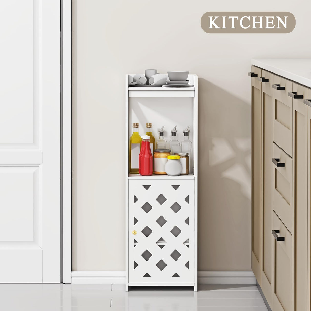 BYFU Versatile White Bathroom Storage Cabinet with Door and Open Shelf for Space-Saving Organisation BYFU