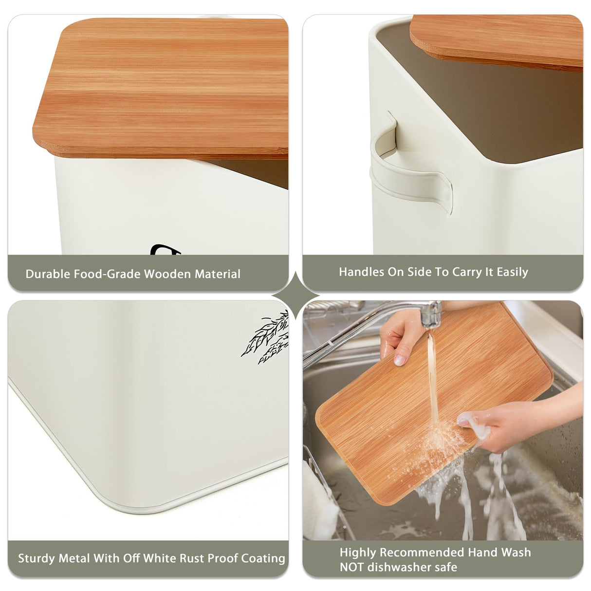 TeamFar Bread Box with Wooden Lid, 13.1” x 7.2” x 9.7” Bread Container Storage Holder for Family Farmhouse Kitchen Countertop, Powder-Coated & Healthy, Large Capacity & Classic Pattern (Off White) TeamFar