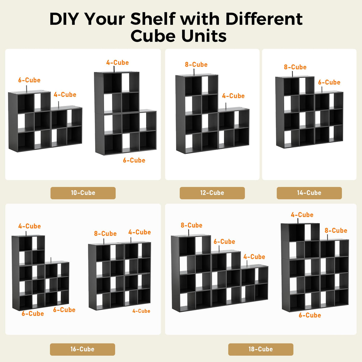 COMHOMA 6 Wood Cube Storage Organizer with Open Back and Removable Back Panels, 11In Black Cube Storage Bookshelf, Cubicle Shelf Bookcase for Home Office Bedroom Living Room, Vertical or Horizontal COMHOMA