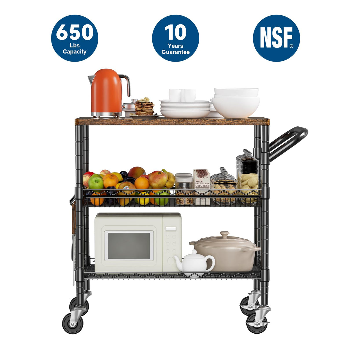 WDT 3 Tier Rolling Carts with Wheels, Heavy Duty Rolling Utility Cart with Wood Tabletop, Commercial Grade Metal Cart with Handle and Hooks, NSF Storage Serving Carts for Kitchen Island, Wood+Metal WDT