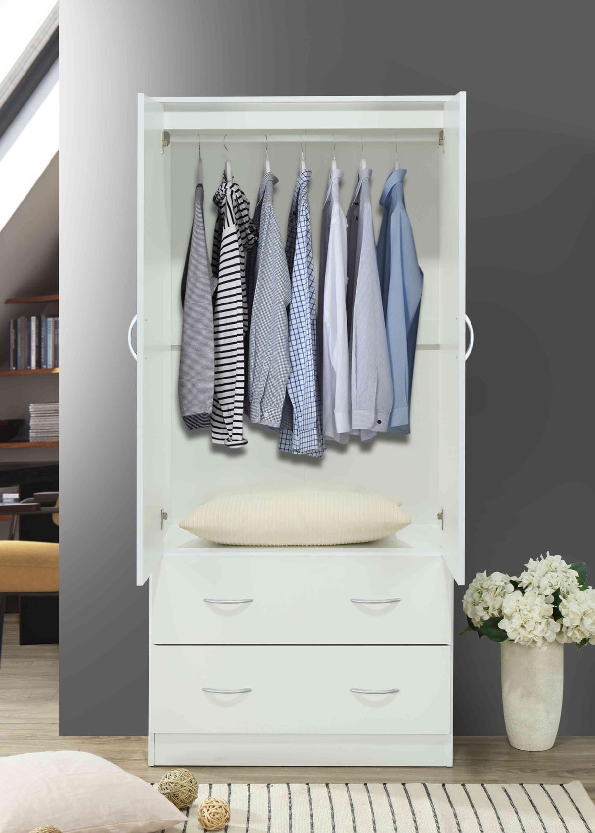 HODEDAH 2 Door Wood Wardrobe Bedroom Closet with Clothing Rod inside Cabinet, 2 Drawers for Storage and Mirror, White Hodedah