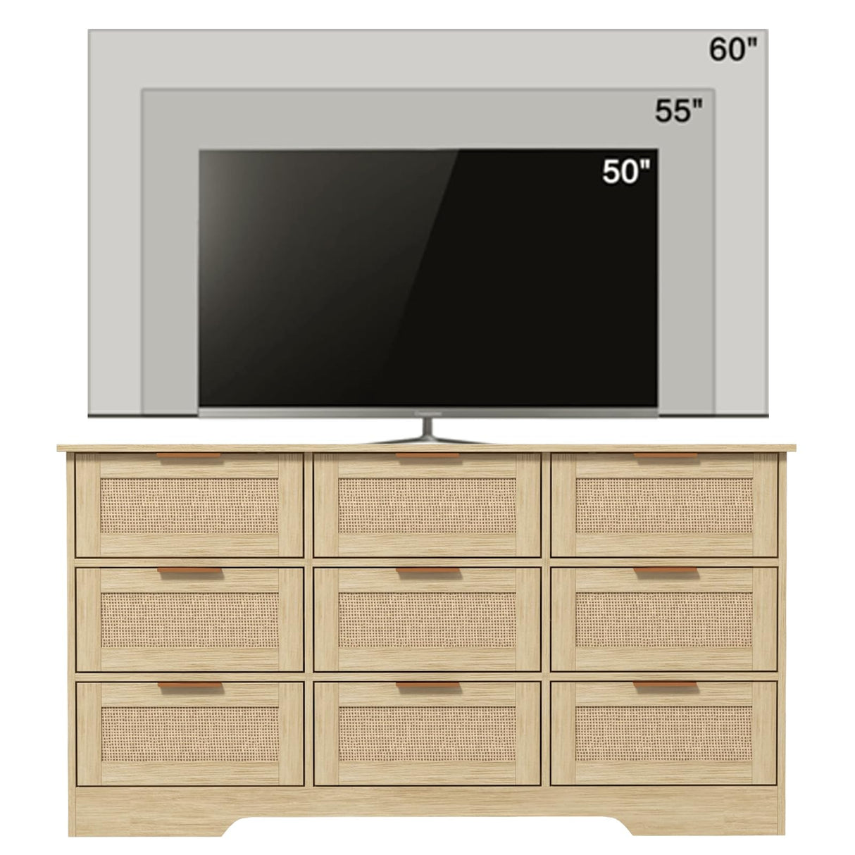 LTMEUTY 9 Drawer Dresser for Bedroom, Rattan Chest of Drawers, Modern Wood Dresser Chest with Golden Handles, 55” Wide Large Storage Long Dressers Organizer for Closet, Entryway, Living Room LTMEUTY