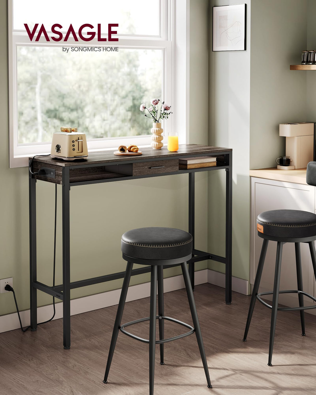 VASAGLE Ash Brown Bar Table with Power Outlet and Movable Drawer, 47.2 Inches High Top Dining Table VASAGLE