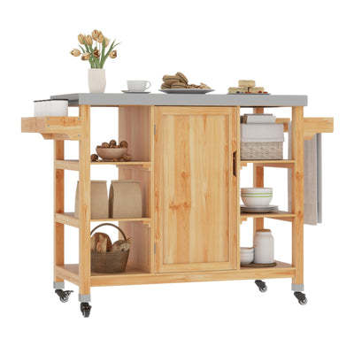 DWVO Outdoor Solid Wood Kitchen Island Grill Cart Movable with Stainless Steel Top and Spice Rack for Patio, Garden, Porch, Balcony, Outdoor Kitchen Island Bar Cart, Easy to DIY Color, Natural