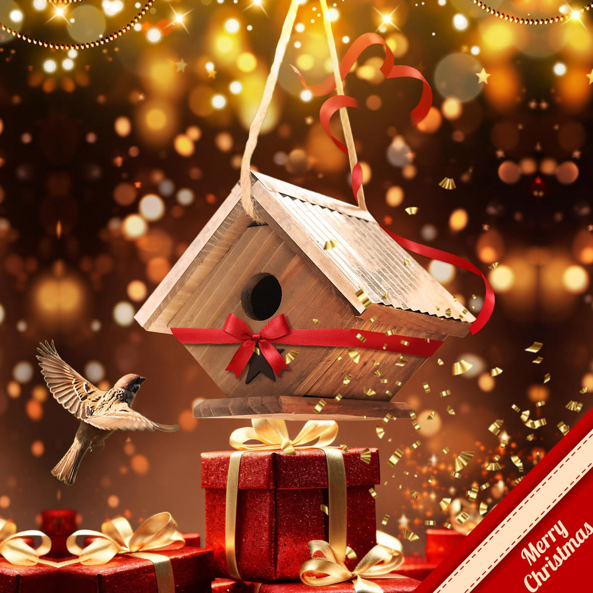 Cedar Wren House, Metal Roof Bird House for Wrens and Chickadees. Longime Lasting and Easy Cleaning; 5 Years Outdoor Performance, Weatherable. Wooden Birdhouse Bird House Langxinese