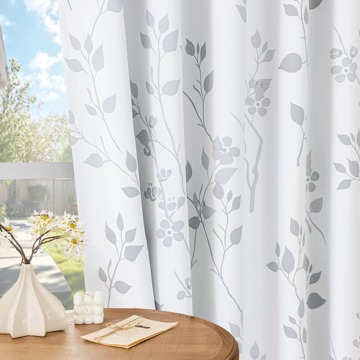 Beauoop Floral 100% Blackout Curtains 84 Inches Long 2 Panels for Bedroom Living Room Grey White Flower Patterned Room Darkening Thermal Insulated Soundproof Grommet Window Treatments Drapes, 52X84 Beauoop