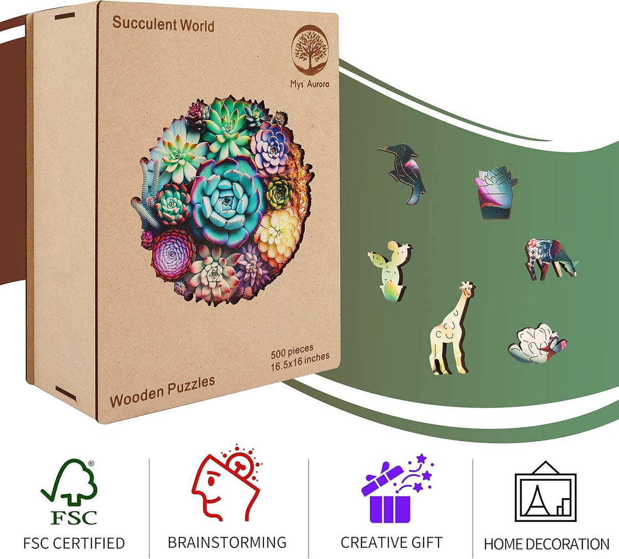 Mys Aurora Unique Wooden Jigsaw Puzzles - Mandala Succulent Plants, 500 Pcs King Size 16.9'' x 16.3'', Luxurious Shaped Wood Puzzle, Beautiful Package, Best Gift for Adults and Kids, Family Game Mys Aurora