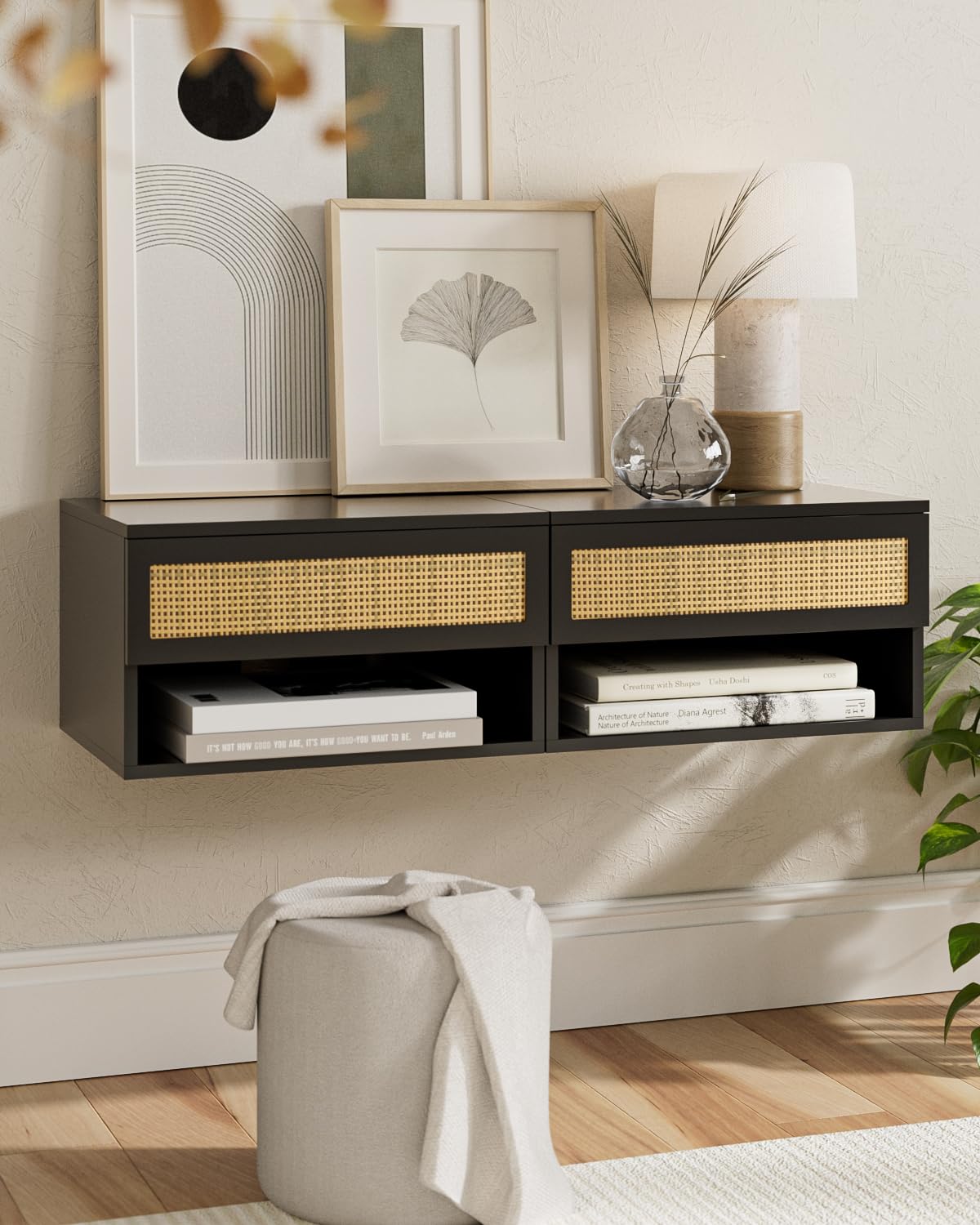 Aienvey Floating Nightstand, Small Modern Floating Nightstand with Drawer, Floating Shelves for Bedroom, Bathroom, Black Rattan Aienvey