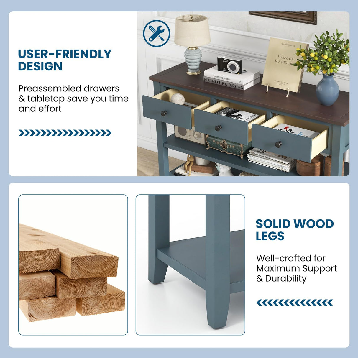 CLEEMAN 50" Retro Console Table with Storage, Farmhouse Sofa Table with 3 Drawers, 2-Tier Open Shelf & Solid Wood Legs, Hallway Table, Entryway Table for Foyer, Living Room, Entrance CLEEMAN