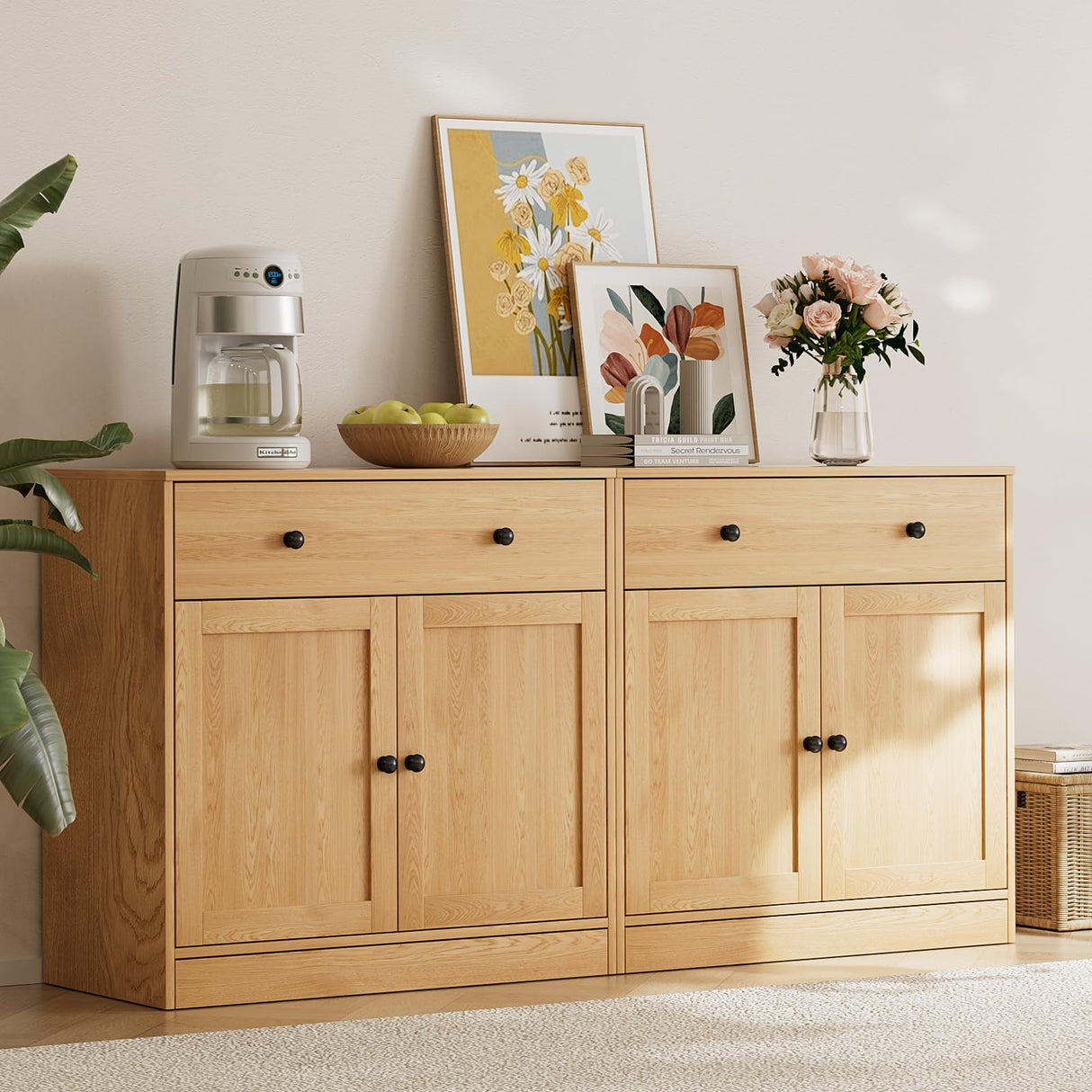 TUSY 4-Piece Large TV Stand with Bookshelves for TVs up to 75", TV Entertainment Center Media Center with Tempered Glass Doors and Shelves, TV Hutch for Living Room White (Wood) TUSY