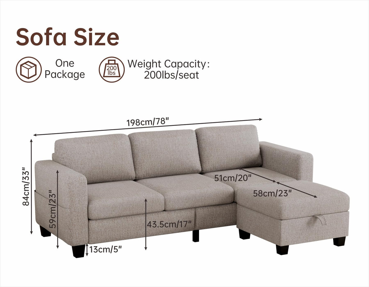Woyomeub Sectional Sofas Couches for Living Room 3 Seater L Shaped Couch with Storage Ottoman 78" Modern Linen Fabric Brown Sofa for Apartment, Studio, Office, Small Space Woyomeub
