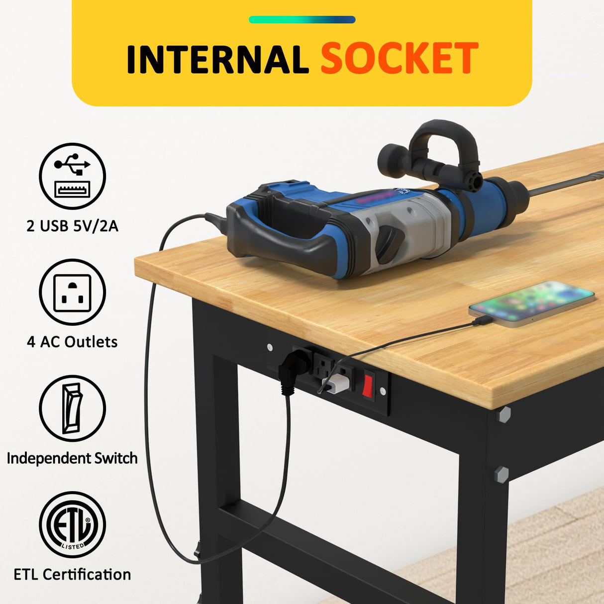 Kieperi 48” Chipboard Work Bench with Drawers, Heavy Duty Adjustable Workbench with Power Outlet and Wheels, 2000 Lbs Capacity Workstation for Garage Kieperi